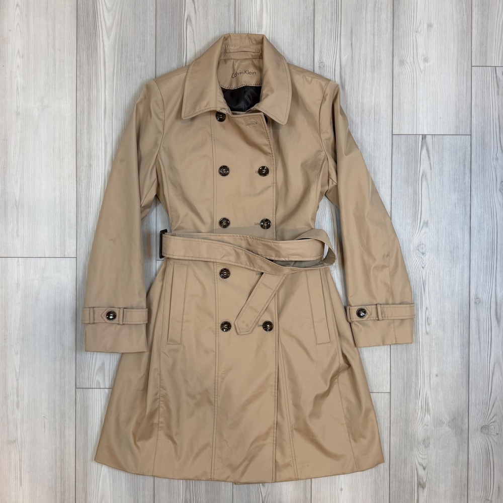 Calvin Klein Tan Double Breasted Belted Trench Coat Beige Women Small